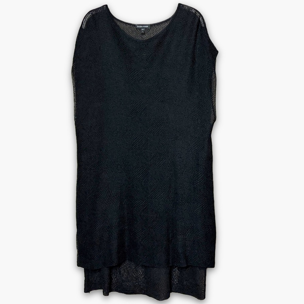 Eileen Fisher Open Knit Sheer Sleeveless Tunic Top Large Black Slit Step Hem